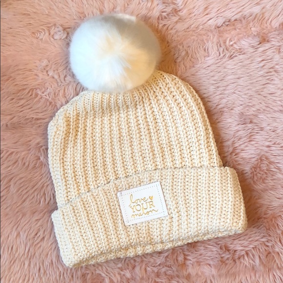 love your melon white speckled pom beanie